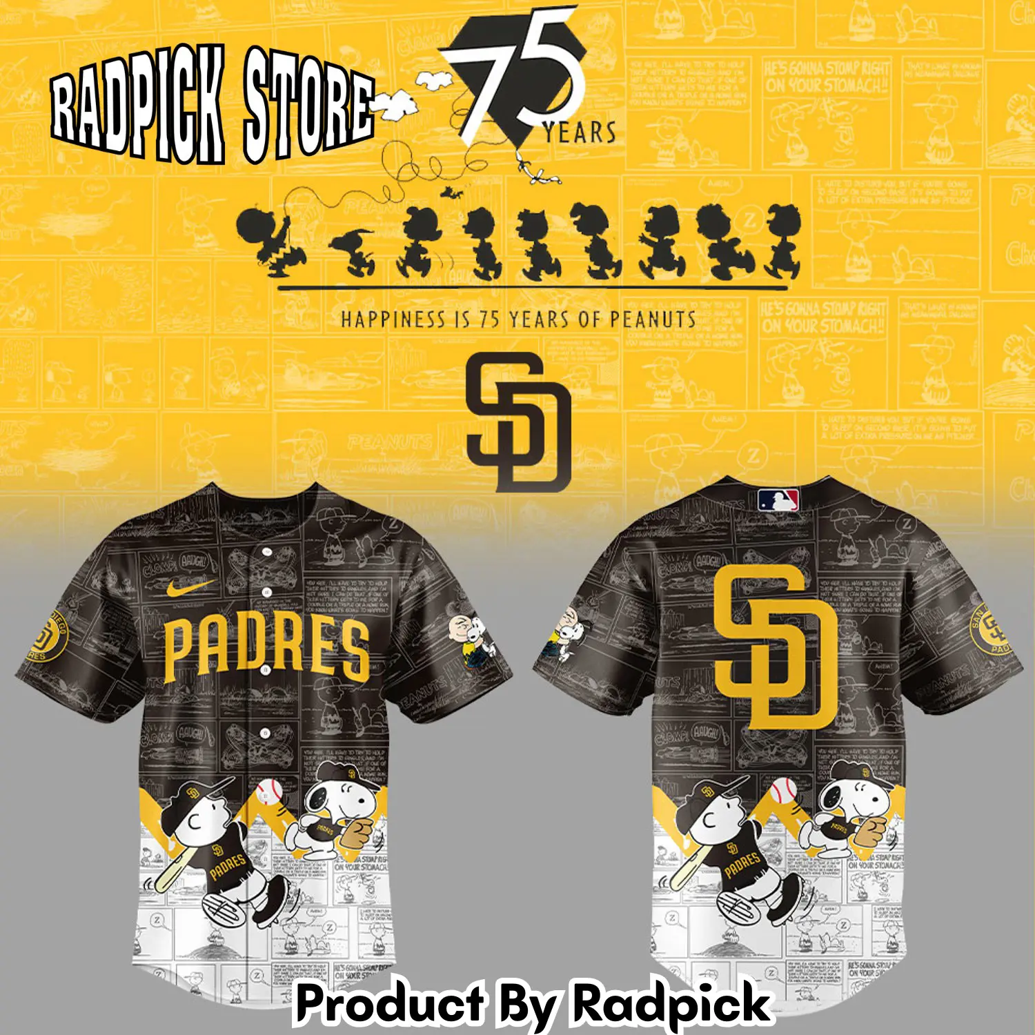 Radpick san diego padres 75th anniversary of peanuts brown baseball jersey v2 rp127186
